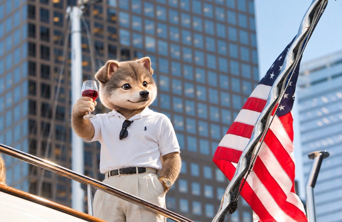 The Wolf mascot raising a glass on a yacht beside an American flag