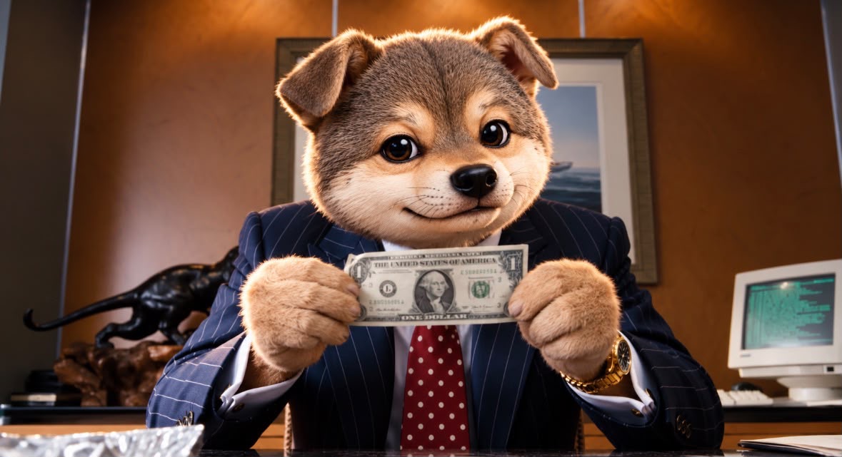 The Wolf mascot holding a one-dollar bill at a desk