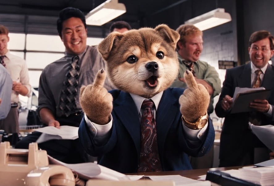 The Wolf mascot flipping both middle fingers on the trading floor