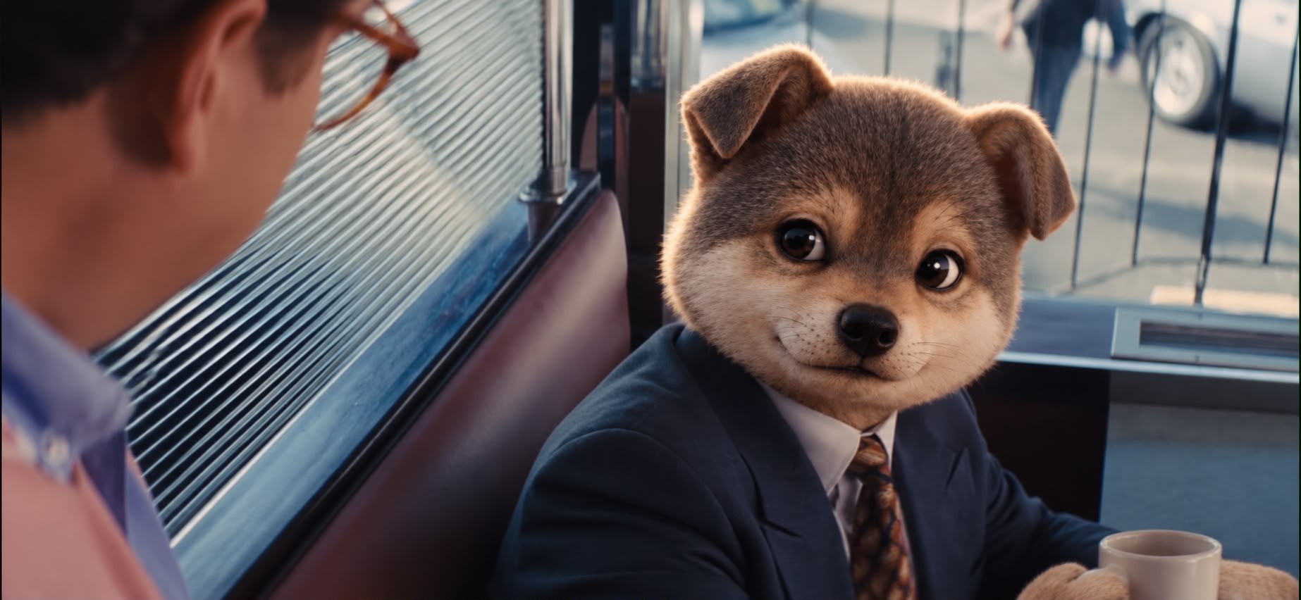 The Wolf mascot in a suit looking back across the table